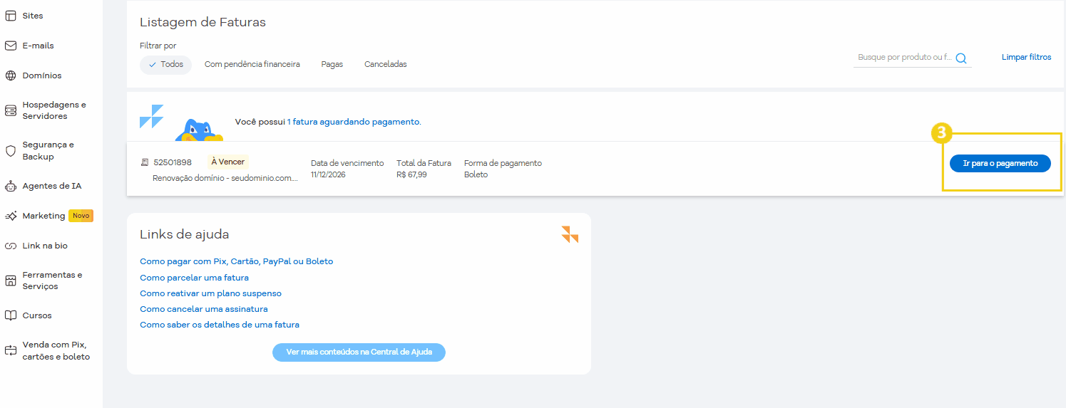 Tela de listagem de faturas no painel do HostGator com detalhes de pagamento, vencimento e opções de pagamento disponíveis.