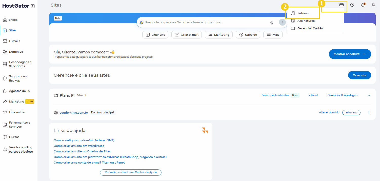 Tela do painel de controle do HostGator mostrando gerenciamento de sites destacando na barra superior o ícone de faturamento
