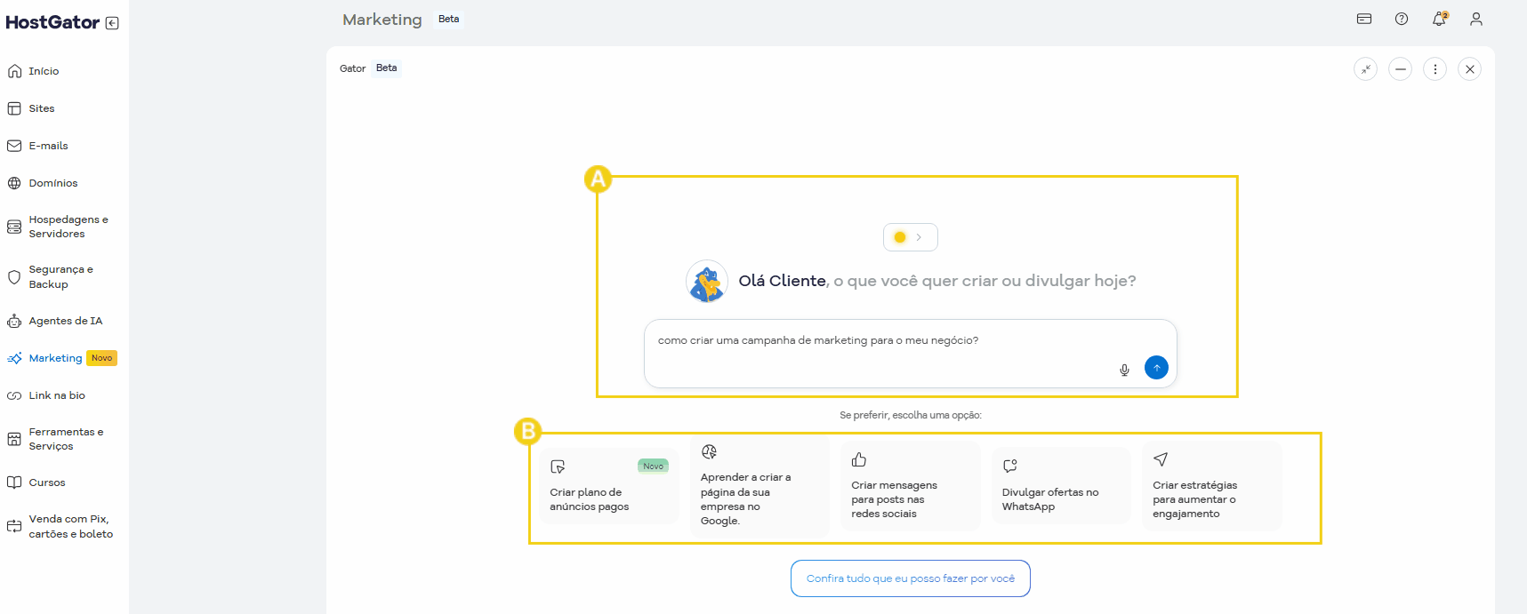 Tela de marketing digital no HostGator mostrando opções para criar campanhas no Instagram, postar no WhatsApp, divulgar ofertas e criar artigos para blog