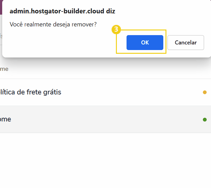 Imagem mostra a tela da página interna, com botão de "ok" para confirmação da exclusão da página.