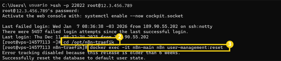 Imagem de um terminal de comando exibindo um comando Docker para redefinir o gerenciamento de usuários com sucesso.