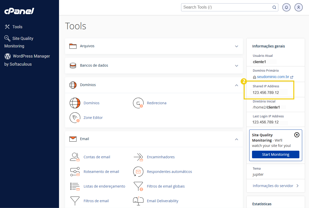 Imagem do painel de controle cPanel, destacando o quadrante com informações de IP no painel lateral.