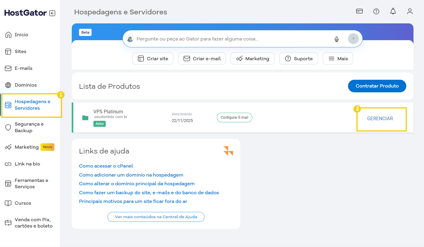 Imagem do Portal do Cliente HostGator mostrando opções de hospedagem e servidores, incluindo gerenciamento de produtos, com destaque na opção de Gerenciar.