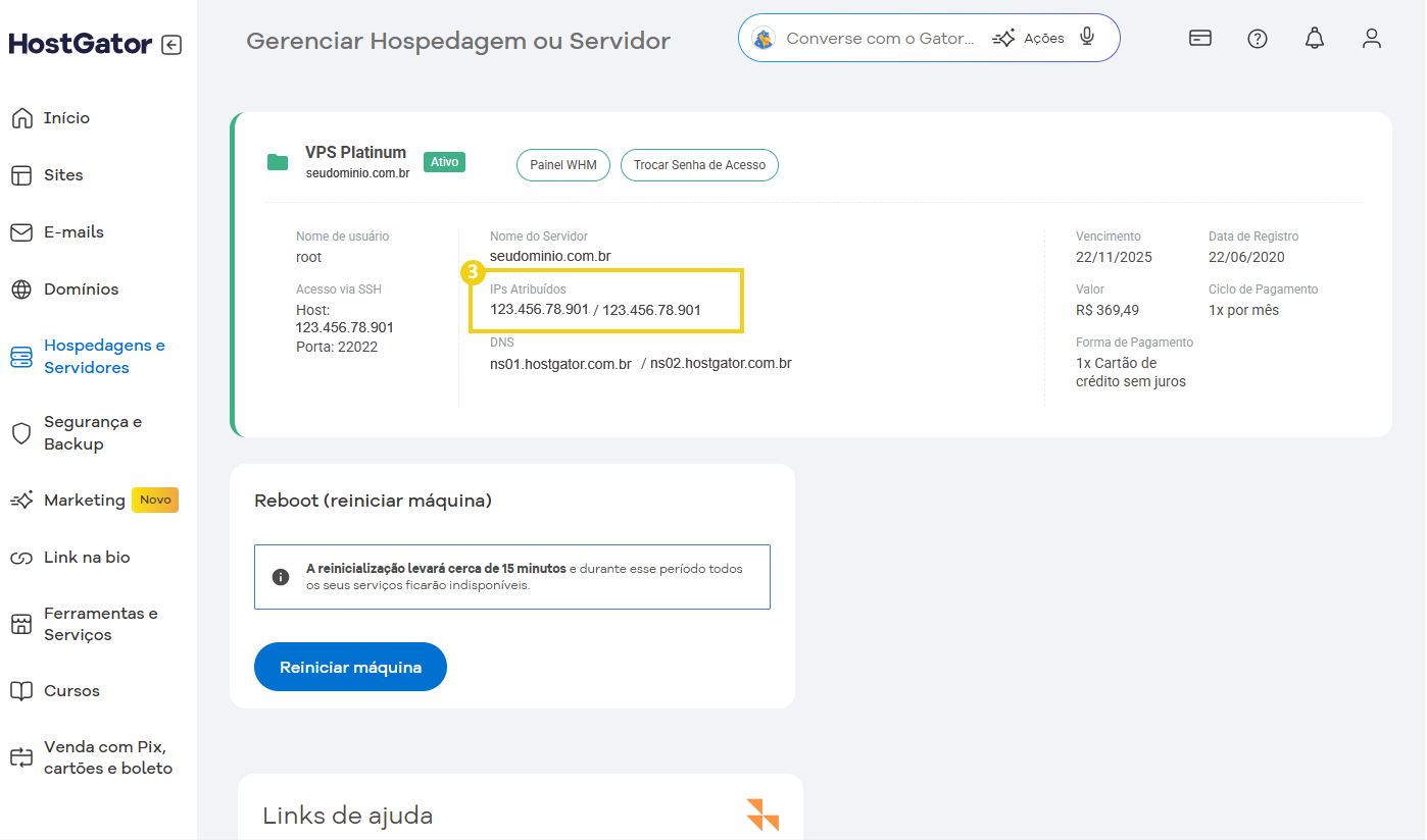 Tela do Portal do Cliente HostGator, na opção de gerenciar hospedagem ou servidor, destacando a localização do IP.