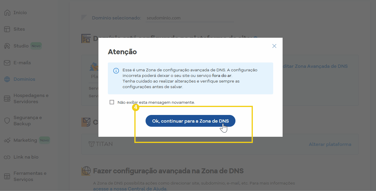 Imagem mostrando a interface do painel de configuração de DNS na plataforma HostGator, com foco na opção de continuidade na Zona de DNS.