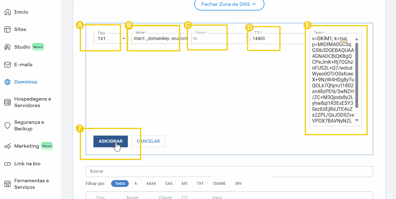 Imagem de configuração de domínio na plataforma HostGator, mostrando campos para tipo de domínio, nome, classe, TTL e texto DNS, com botão de adicionar novo domínio.