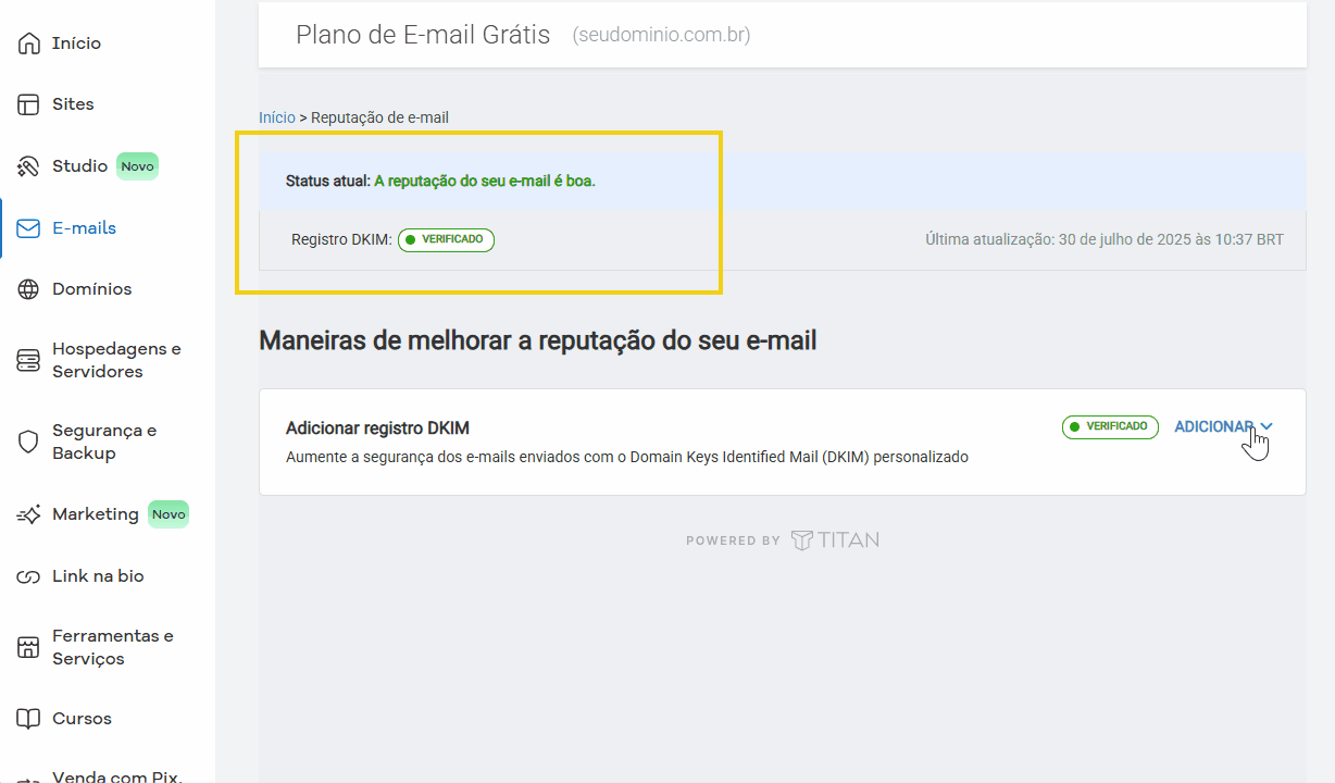 Tela do painel do Gerenciar E-mail Titan exibindo status de reputação do e-mail e opção de adicionar registro DKIM para melhorar a reputação do seu e-mail no HostGator.