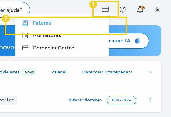Tela do painel de controle do HostGator mostrando gerenciamento de sites destacando na barra superior o ícone de faturamento