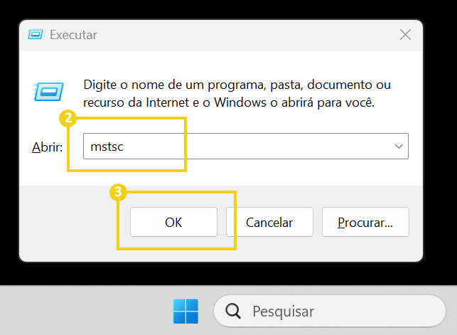 Imagem mostra a tela que aparece ao clicar nas teclas Windows e 'R", no campo "Abrir" preenchido com 'mstsc" e depois com a marcação em 'Ok'