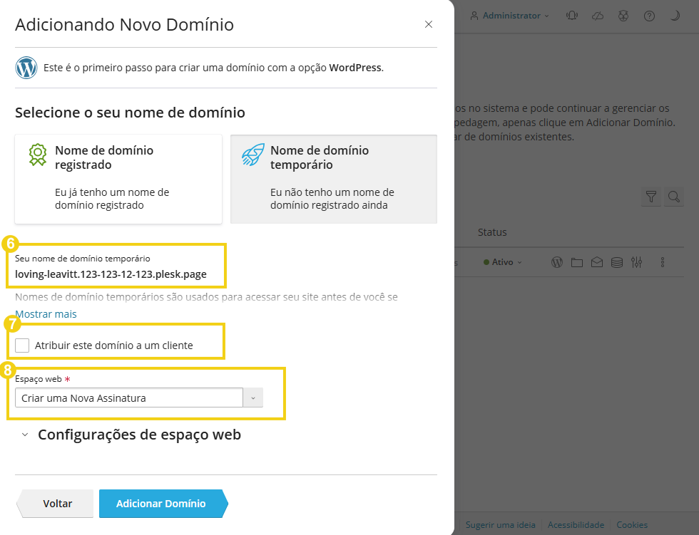 Imagem mostrando a configuração de adição de novo domínio em painel de controle, com destaque para o campo de endereço de IP, credenciais do sistema e botões de ação.