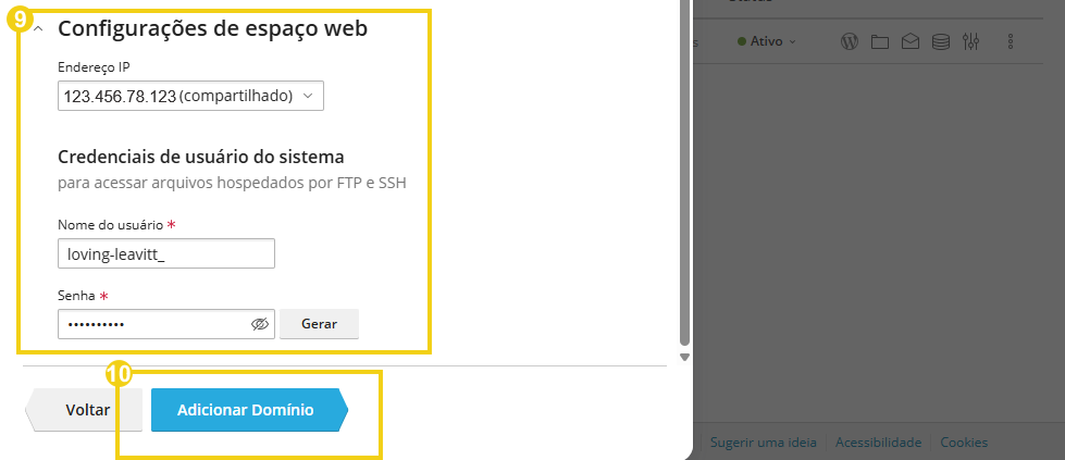 Imagem mostra o painel do Plesk na área opcional para configurações de espaço web e a marcação no botão "Adicionar domínio"