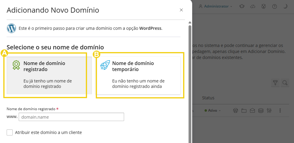 Imagem mostra o painel do Plesk com a área para escolher se o nome de domínio registrado ou temporário