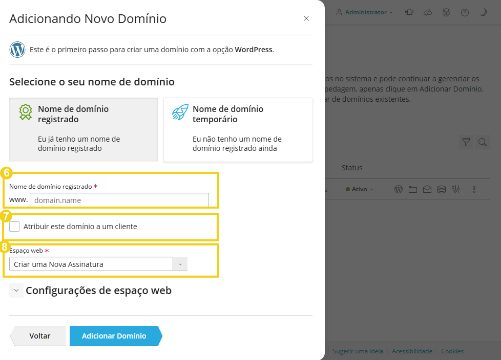 Imagem mostra o painel do Plesk na área para configurar as informações sobre o nome de domínio registrado
