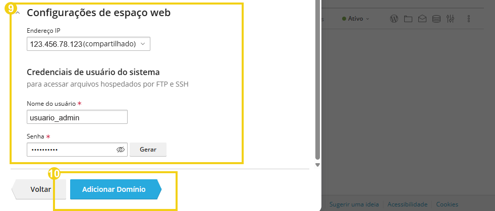 Imagem mostrando o processo de configuração de domínio online, incluindo edição de endereço IP, usuário e senha na tela de gerenciamento de domínios.