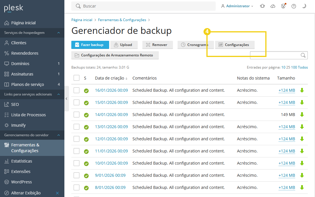 Imagem mostra o painel do Plesk na área de gerenciamento do backup e a marcação no botão "Configurações"