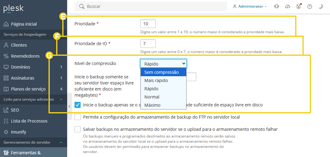 Imagem mostra o painel do Plesk na área de gerenciamento do backup e a marcação nas configurações de prioridade de nível de compressão