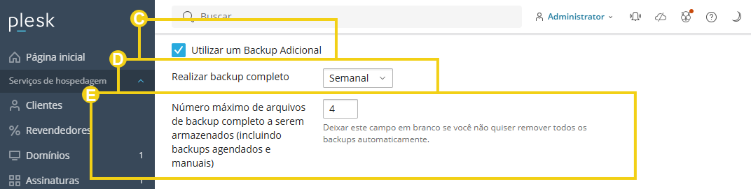 Imagem mostra o painel do Plesk na área de gerenciamento do backup e a marcação nas configurações sobre adicional, completo e quantidade