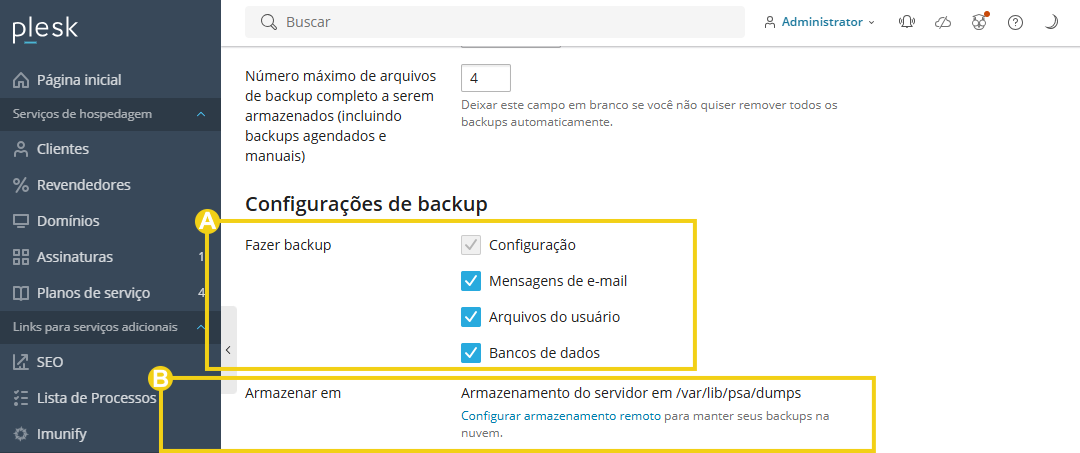Imagem mostra o painel do Plesk na área de gerenciamento do backup e a marcação nas configurações sobre definições do que fazer o backup e onde armazenar