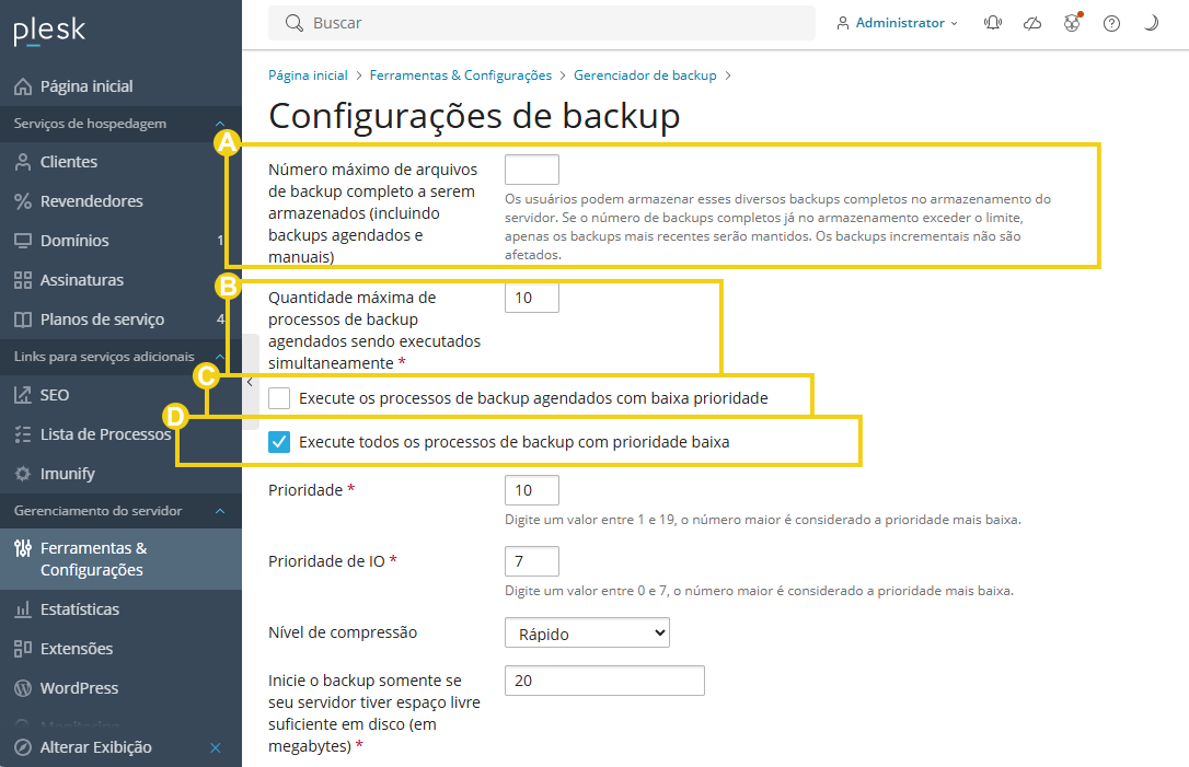 Imagem mostra o painel do Plesk na área de gerenciamento do backup e a marcação nas configurações
