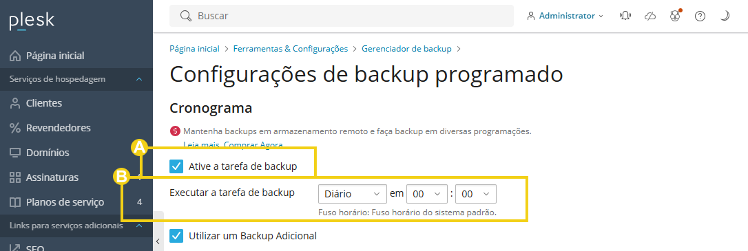 Imagem mostra o painel do Plesk na área de gerenciamento do backup e a marcação nas configurações de ativação e definição de quanto executar a tarefa de backup