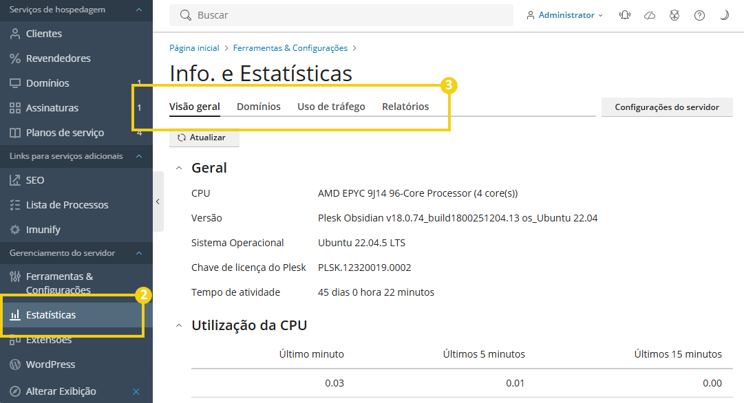 Imagem mostra o painel do plesk, com a marcação no menu lateral em "Estatísticas" e a tela "Infos e Estatísticas" com as opções de abas disponíveis