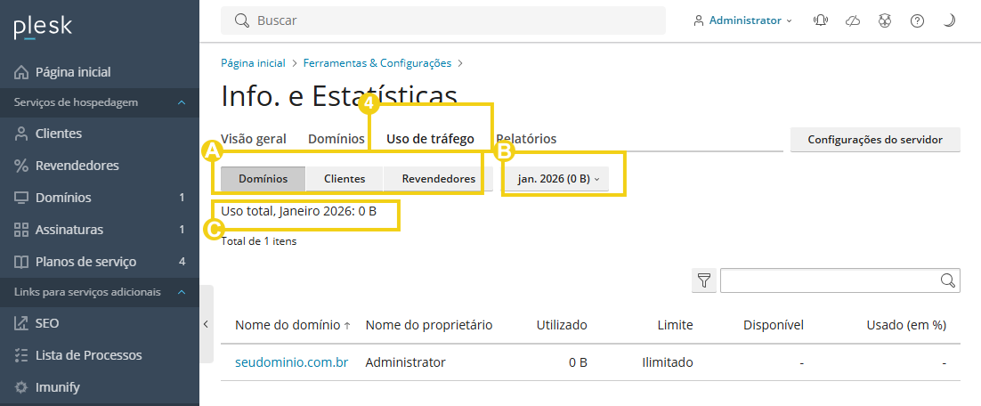 Imagem mostra o painel do Plesk, na aba "Uso de tráfego" e os campos informativos