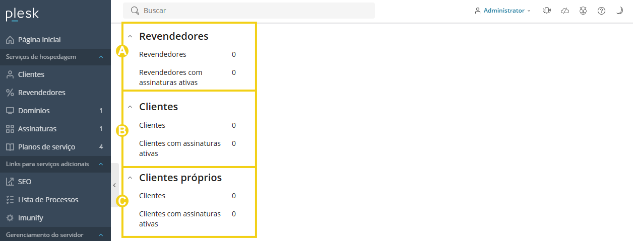 Imagem mostra o painel do Plesk, na aba "Relatórios" e os campos informativos sobre os revendedores e clientes
