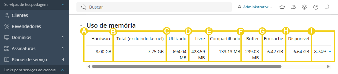 Imagem mostra o painel do Plesk, na aba "Visão Geral" e os campos informativos do uso de memória