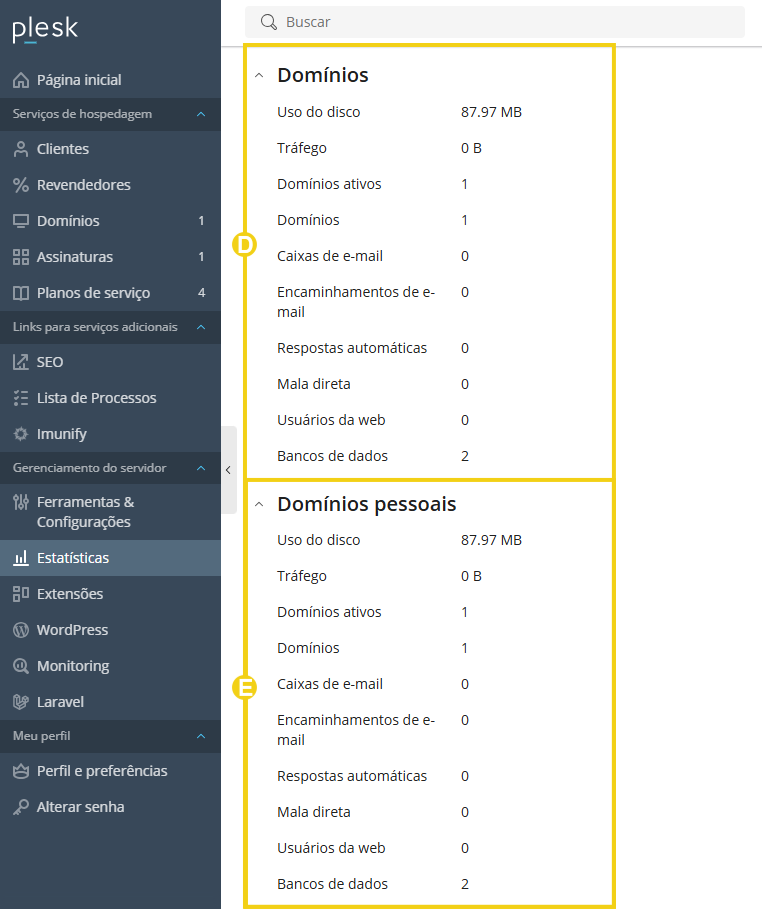 Imagem mostra o painel do Plesk, na aba "Relatórios" e os campos informativos sobre os domínios