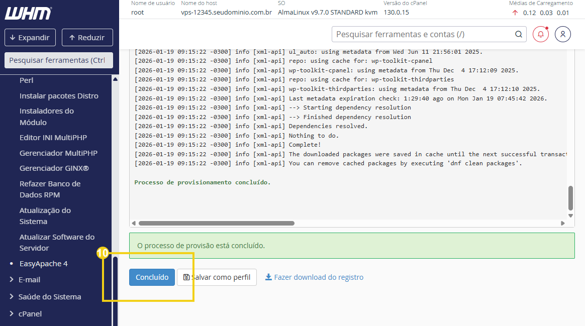 Imagem do painel WHM, no final da tela, com a marcação no botão "Concluído"
