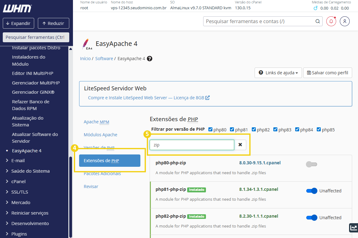 Imagem do painel WHM com a marcação no botão "Extensões de PHP" e em seguida, no campo de busca o exemplo de uma extensão que pode ser instalada