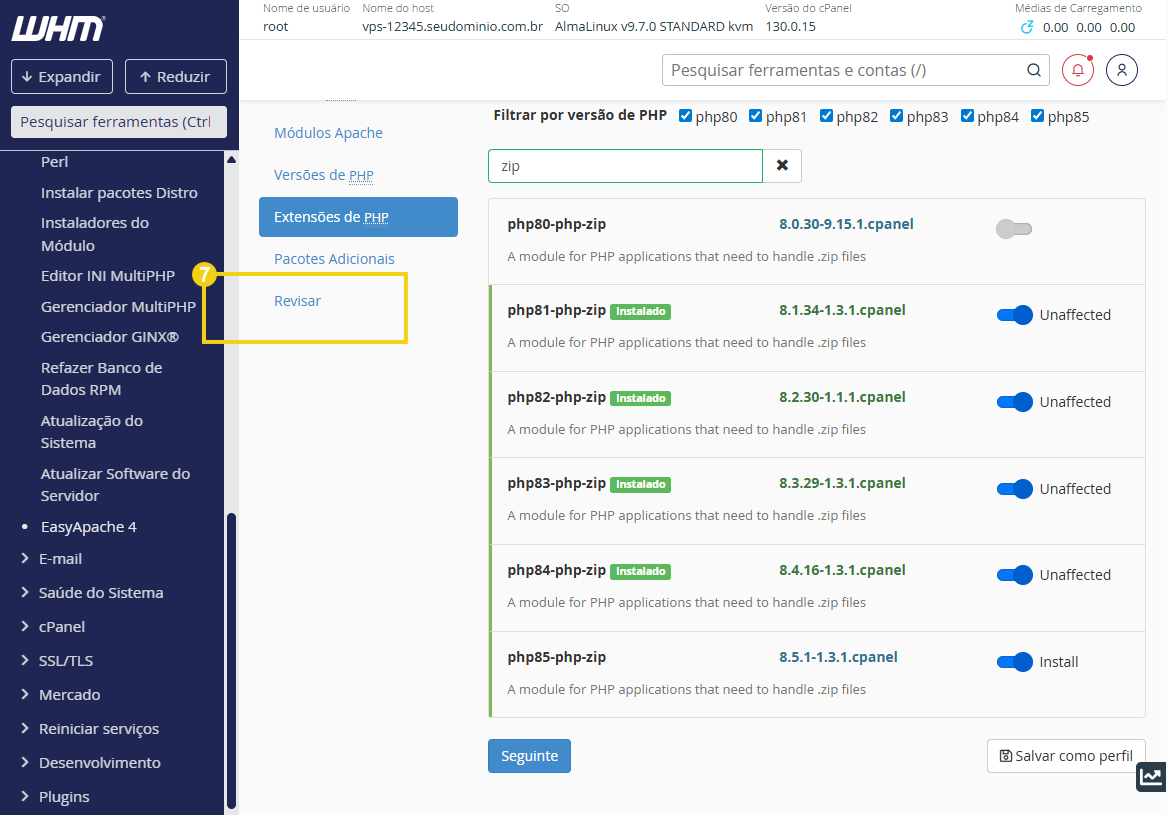 Imagem do painel WHM com a marcação no botão "Revisar"