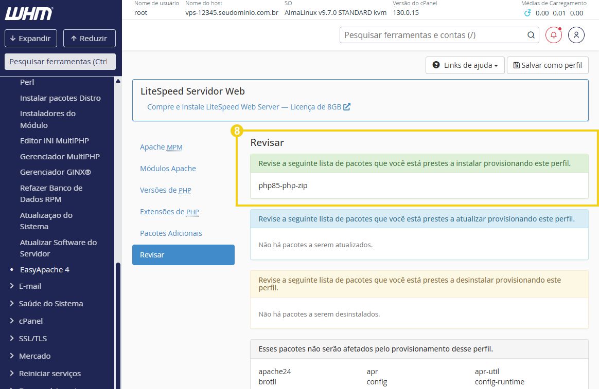 Imagem do painel WHM com a marcação no quadrante para confirmar a lista de pacote que será instalada