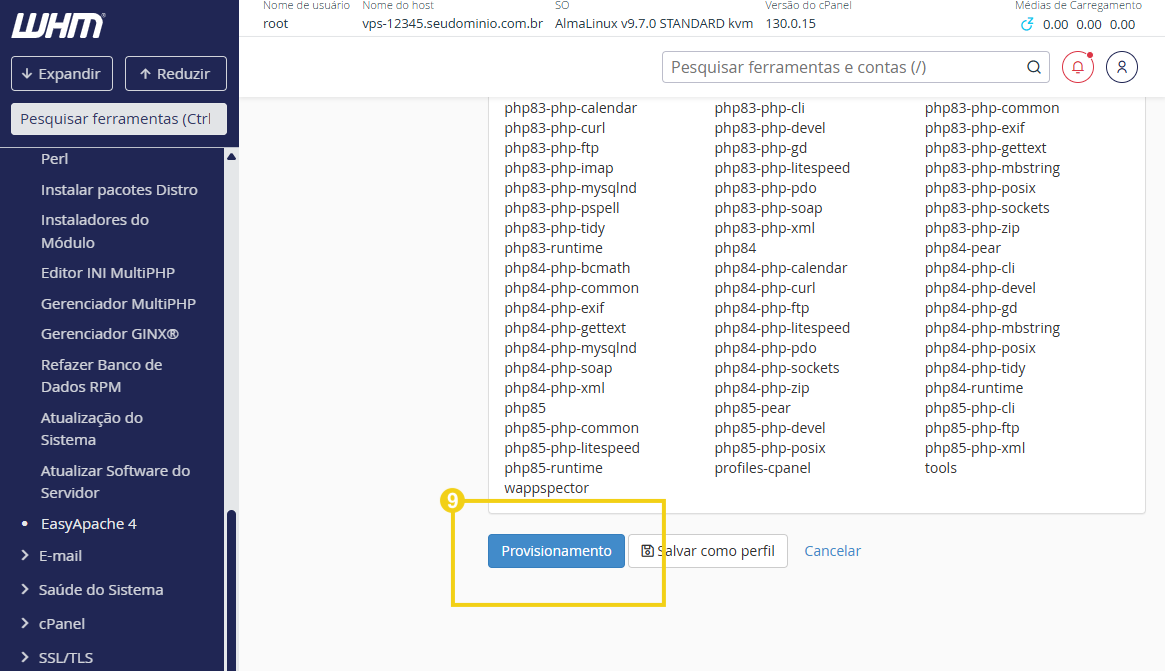 Imagem do painel WHM, no final da tela, com a marcação no botão "Provisionamento"