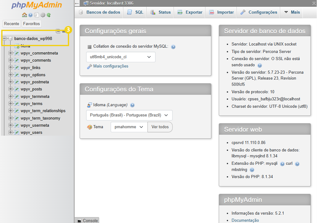 Imagem mostra a tela do phpMyAdmin, com a marcação no banco de dados que pode selecionar para otimizar o que deseja