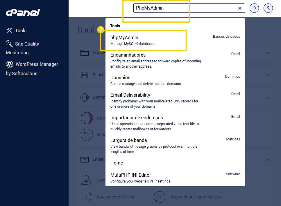 Imagem mostra a tela do cPanel, com a busca sobre o phpMyAdmin