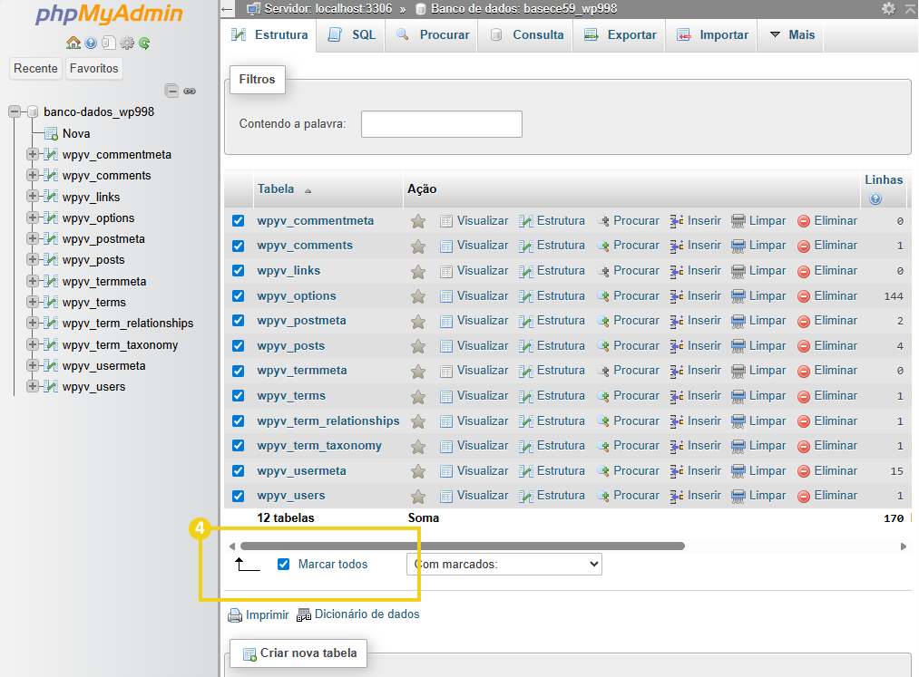 Imagem mostra a tela do phpMyAdmin, com a marcação no campo "Marcar todos"
