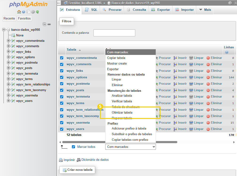 Imagem mostra a tela do phpMyAdmin, com a marcação na opção "Otimizar tabela"