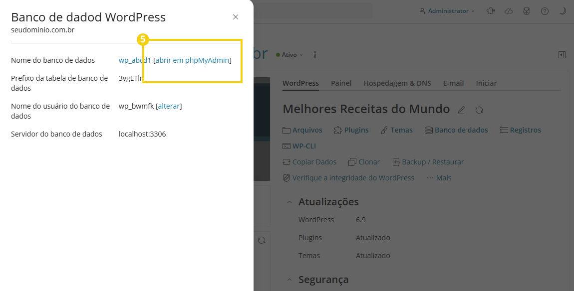 Imagem mostra o painel do Plesk, na tela do bando de dados, com a marcação em "Abrir em phpMyAdmin" que deve ser clicado para ser acessado
