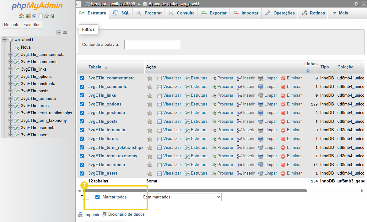 Imagem mostra o painel do Plesk, na tela do phpMyAdmin, com a marcação em "Marcar todos"