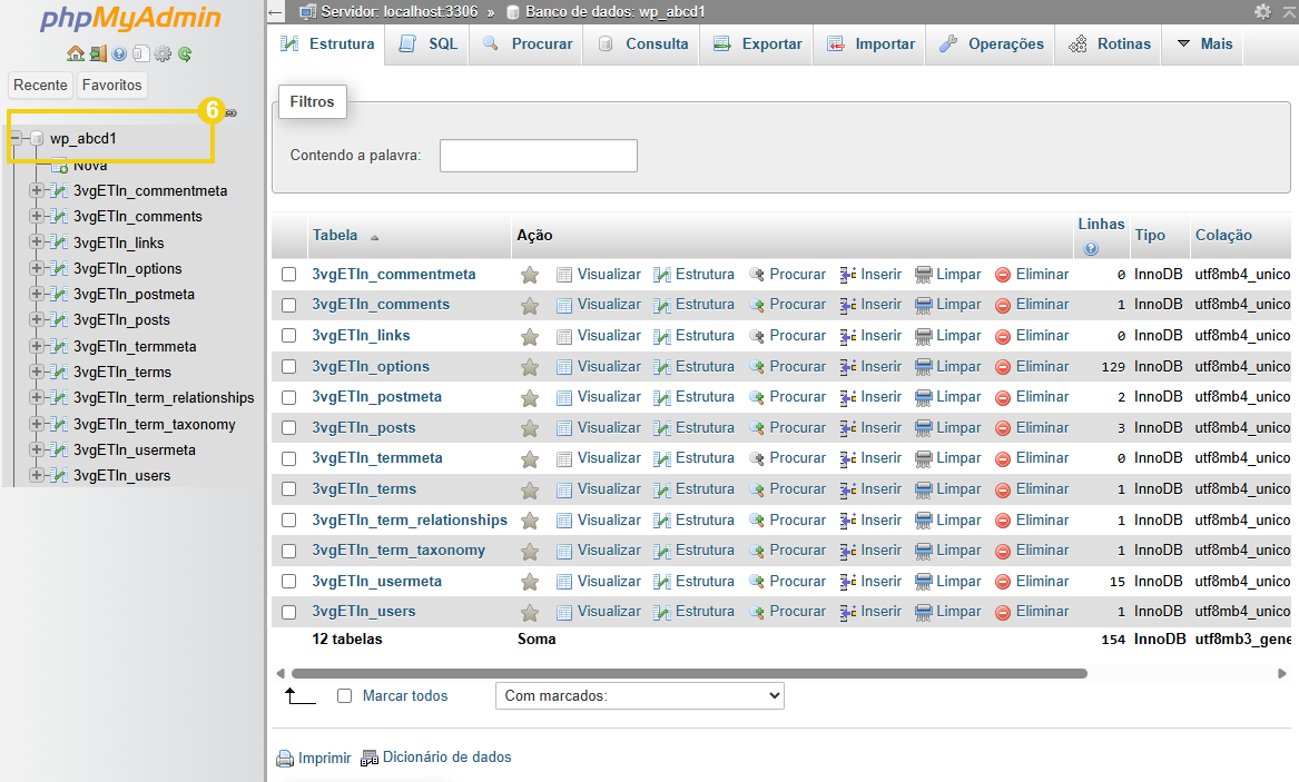 Imagem mostra o painel do Plesk, na tela do phpMyAdmin, com a marcação em "Abrir em phpMyAdmin", com a marcação no banco de dados