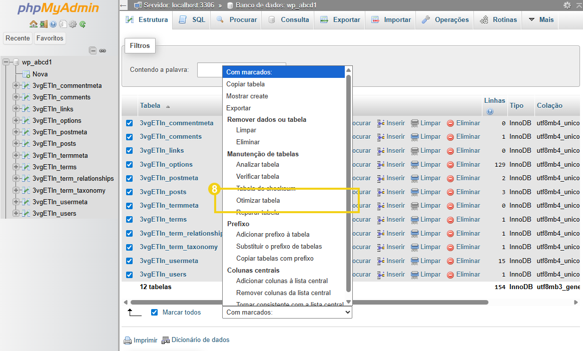 Imagem mostra o painel do Plesk, na tela do phpMyAdmin, com a marcação em "Otimizar tabela"