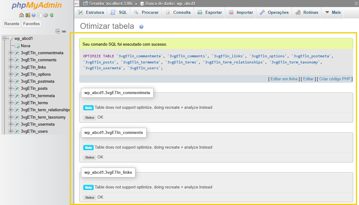 Imagem mostra o painel do Plesk, na tela do phpMyAdmin, com a marcação no resultado da otimização da tabela