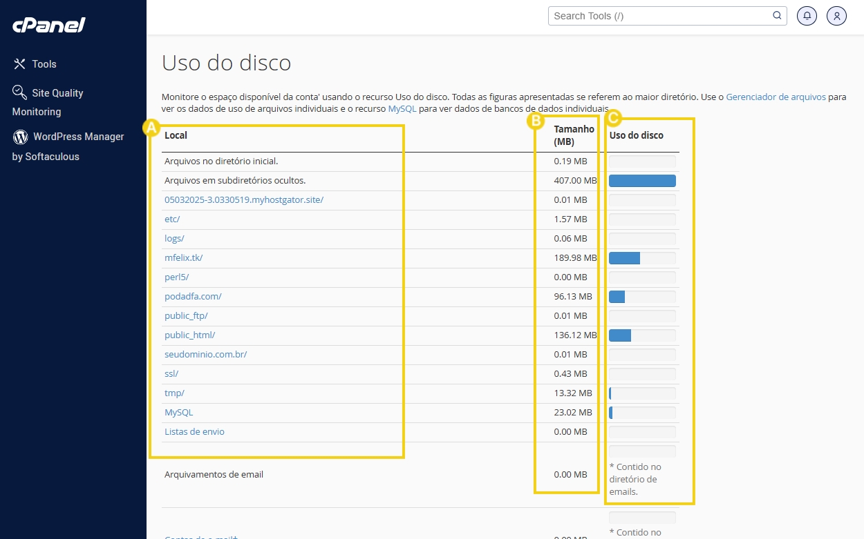 Imagem do cpanel na parte de uso do disco mostrando os dados do local, tamanho, uso do disco