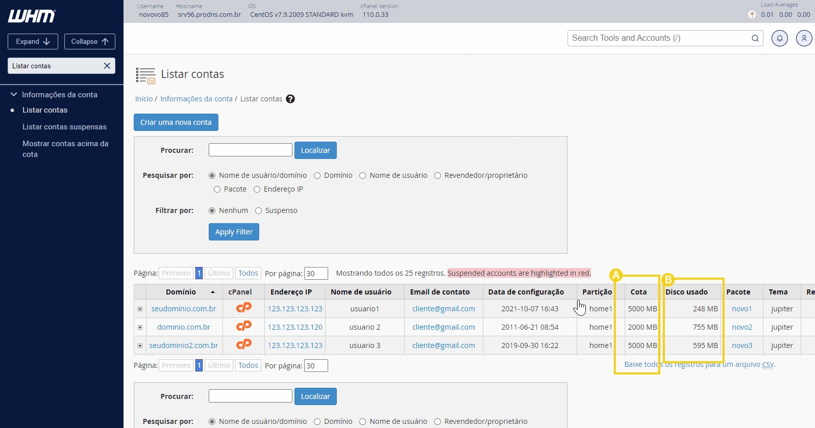 Imagem de uma tela de listagem de contas de hospedagem web em painel cPanel, mostrando domínios, endereços IP, nomes de usuários, e-mails de contato e configurações de contas.