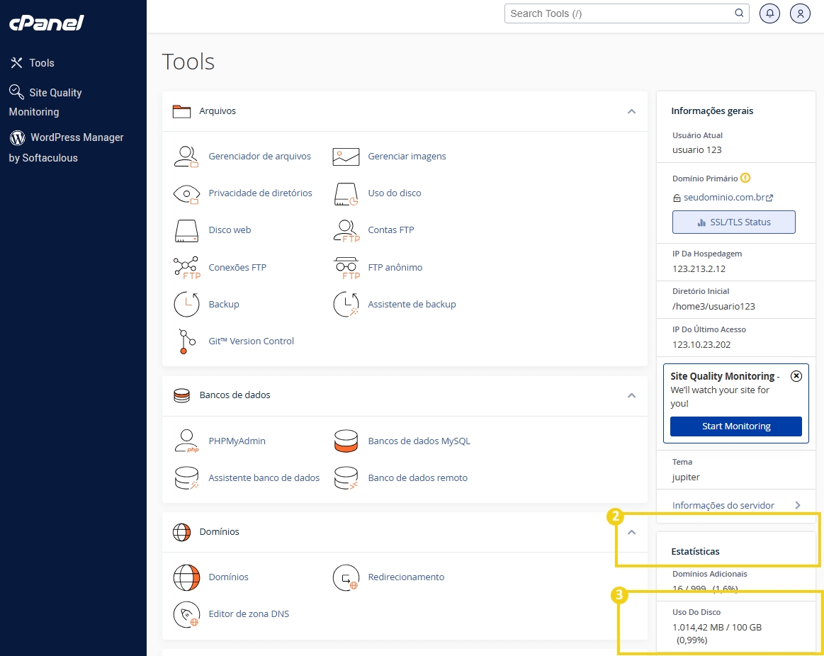 Imagem de painel de controle do cPanel mostrando opções de gerenciamento de e-mail, arquivos e configurações de servidor