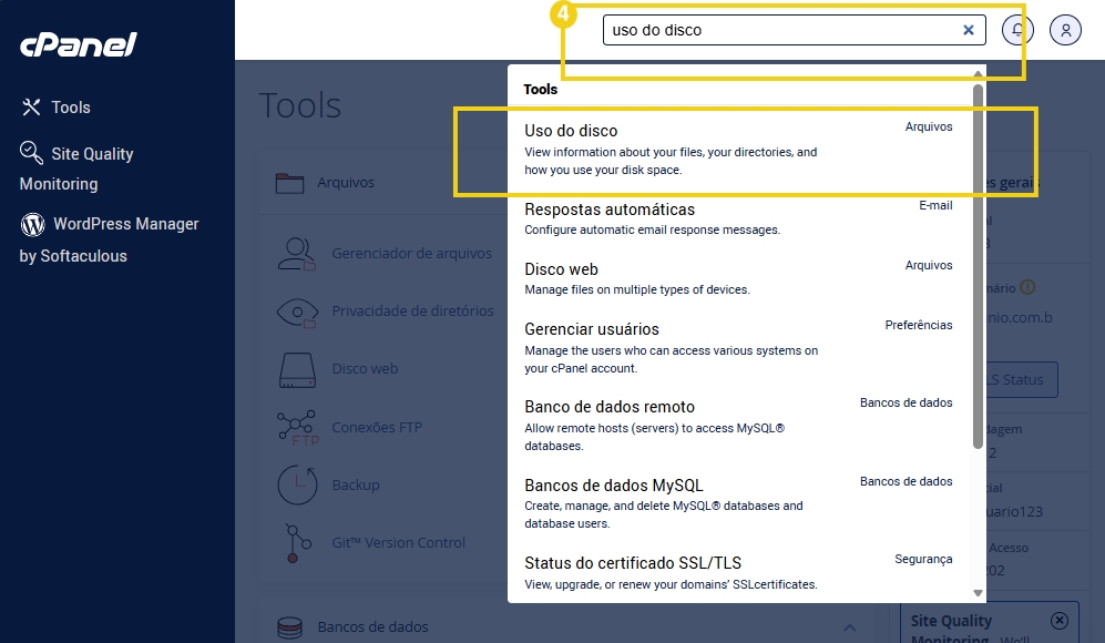 Imagem do painel do cPanel mostrando a ferramenta de uso do disco
