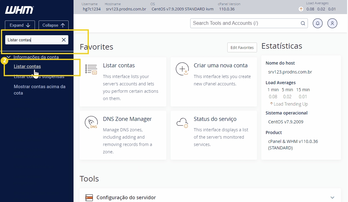 Imagem de painel de controle do WHM com opções de gerenciamento de contas, DNS e estatísticas do servidor.