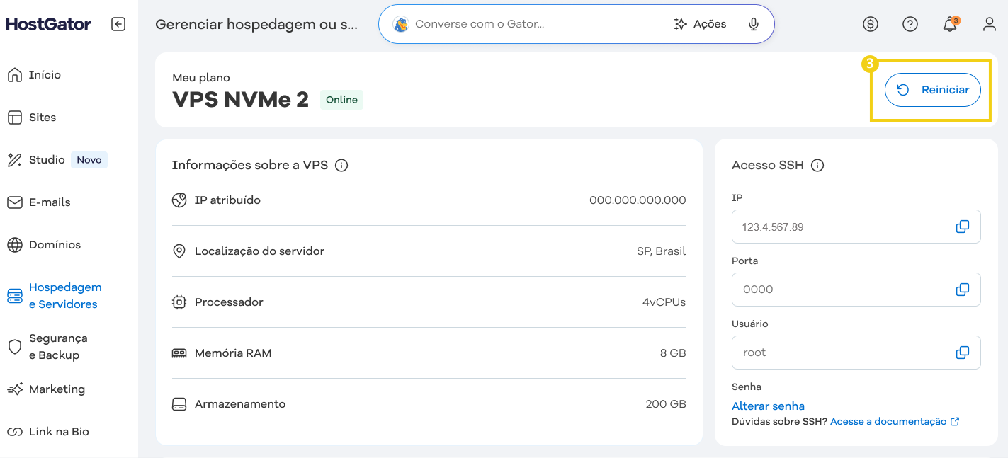 Tela de gerenciamento no  painel de controle HostGator, mostrando configurações como IP atribuído, localidade do servidor, processador, memória ram, mas com destaque no botão de reiniciar