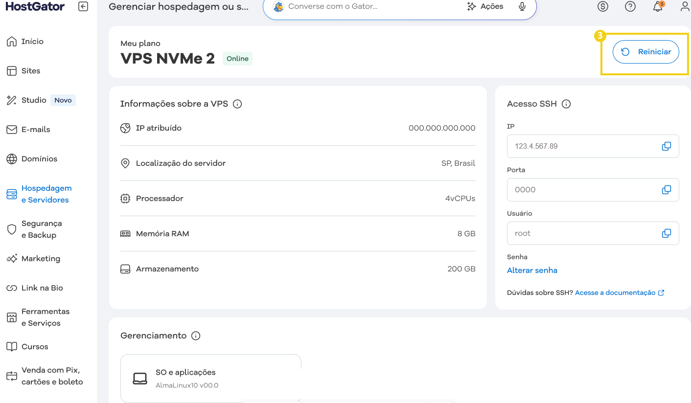 Tela de gerenciamento dos planos no painel do HostGator, mostrando informações de IP, local do servidor, processador, memória RAM e armazenamento, destacando a opção de Reiniciar